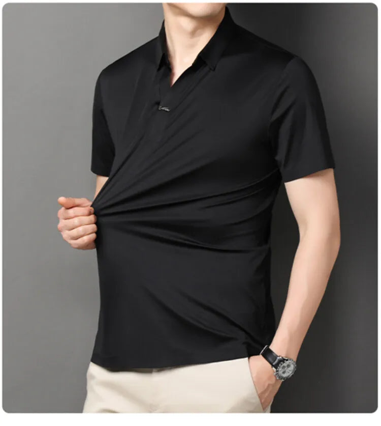 Polo 2024 de haute qualité, extensible et élastique, Chemise à manches courtes pour hommes, style décontracté, Col en V sans coutures, Polo pour hommes M-4XL