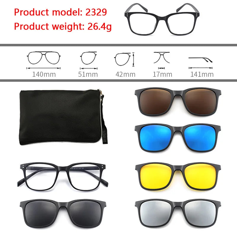 6 In 1 Polarized Sunglasses Men Women Magnetic Clip On Glasses TR90 Optical Prescription Eyeglass Frames Magnet Clips