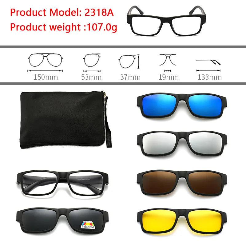 6 In 1 Polarized Sunglasses Men Women Magnetic Clip On Glasses TR90 Optical Prescription Eyeglass Frames Magnet Clips
