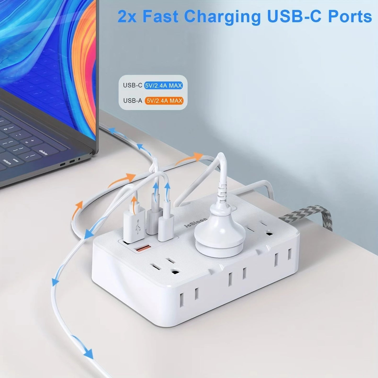 Universal Power Strip US Plug with 6 AC Outlets 4 USB Type-C/A Charge 5FT Extension Cable Desktop Wall Ground Electric Socket