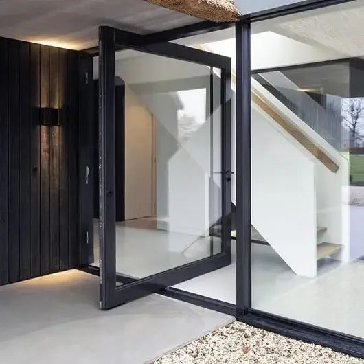 Portes d'entrée modernes pour maison, portes d'entrée en verre trempé de sécurité, porte pivotante en verre et aluminium pour villas, ouverture manuelle intérieure