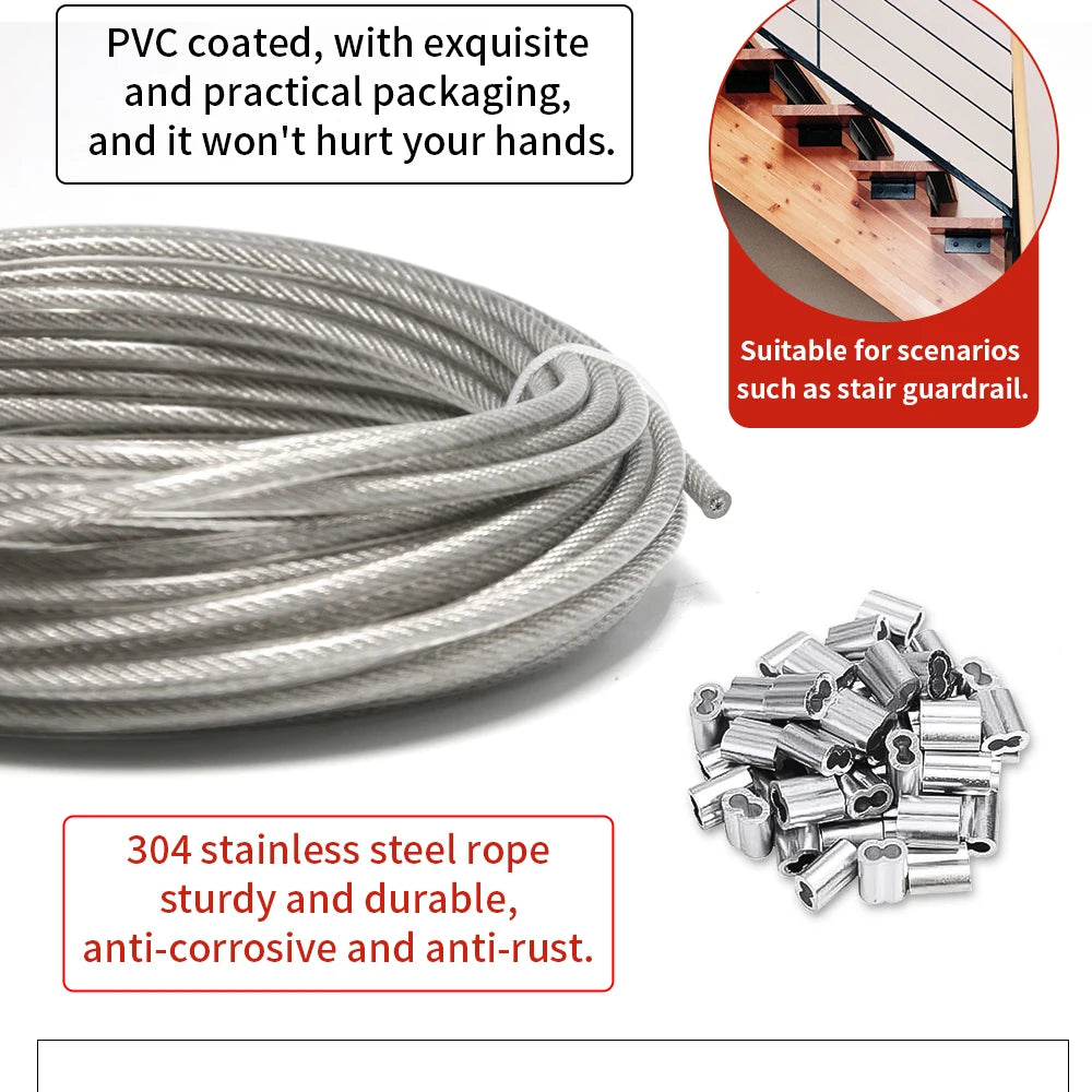 1/1.2/1.5/2/3/4/5mm cable rope, 5-20M PVC transparent coated steel cable rope, 304 stainless steel cable rope