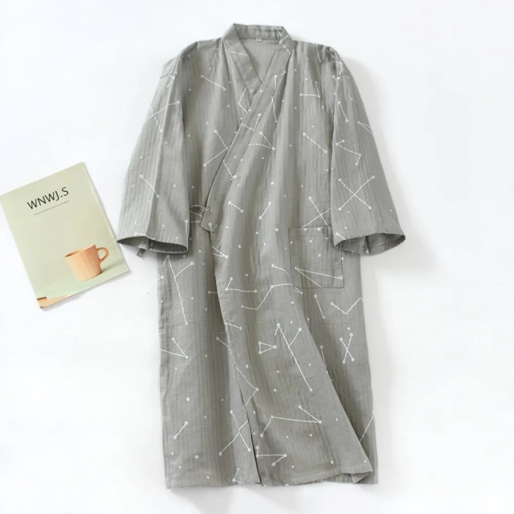 Bath Robe V-Neck Men's Kimono Bathrobe Long Sleeve Loose Kimono Pajamas Casual Thin Japanese-Style Yukata Summer
