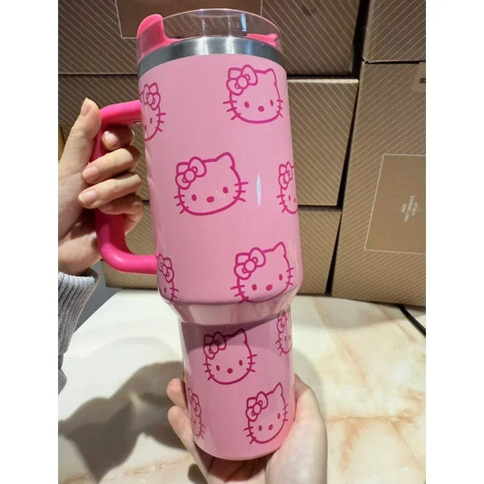 Kawaii Hello Kitty Tasse à vide en acier inoxydable 40oz Anime avec poignée Tasse à paille Tasse à café avec boîte d'emballage Livraison rapide