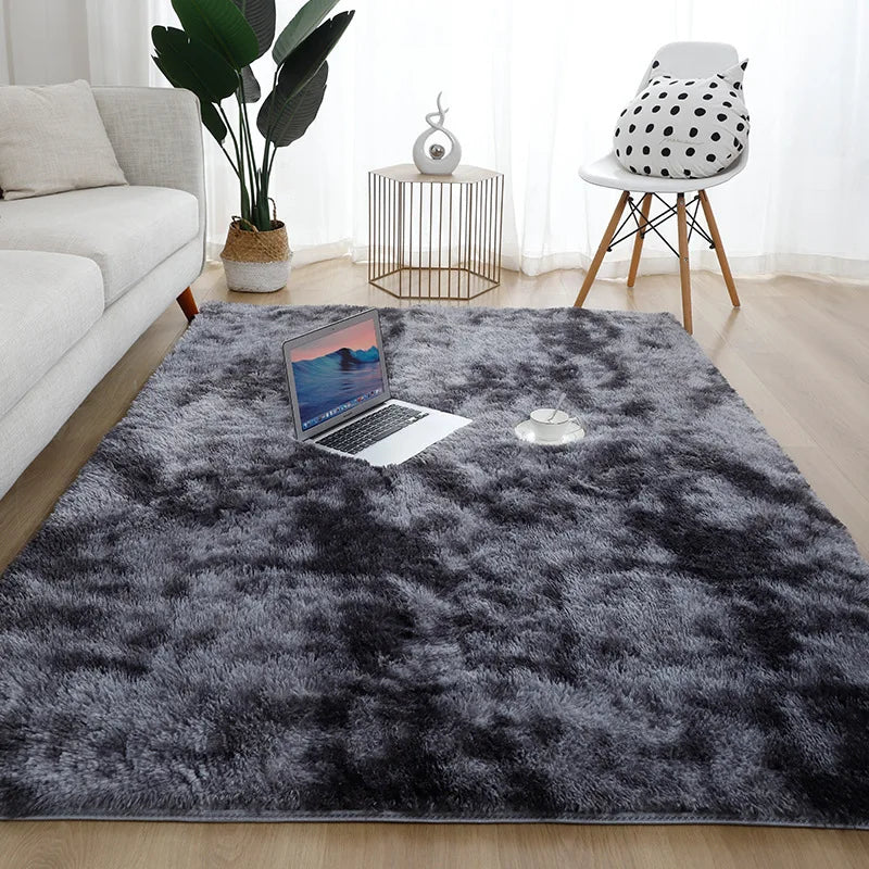 VIKAMA Simple Modern Silk Hair Tie-Dye Carpet Plush Soft Living Room Bedroom Bed Blanket Children's Room Non-Slip Floor Mat