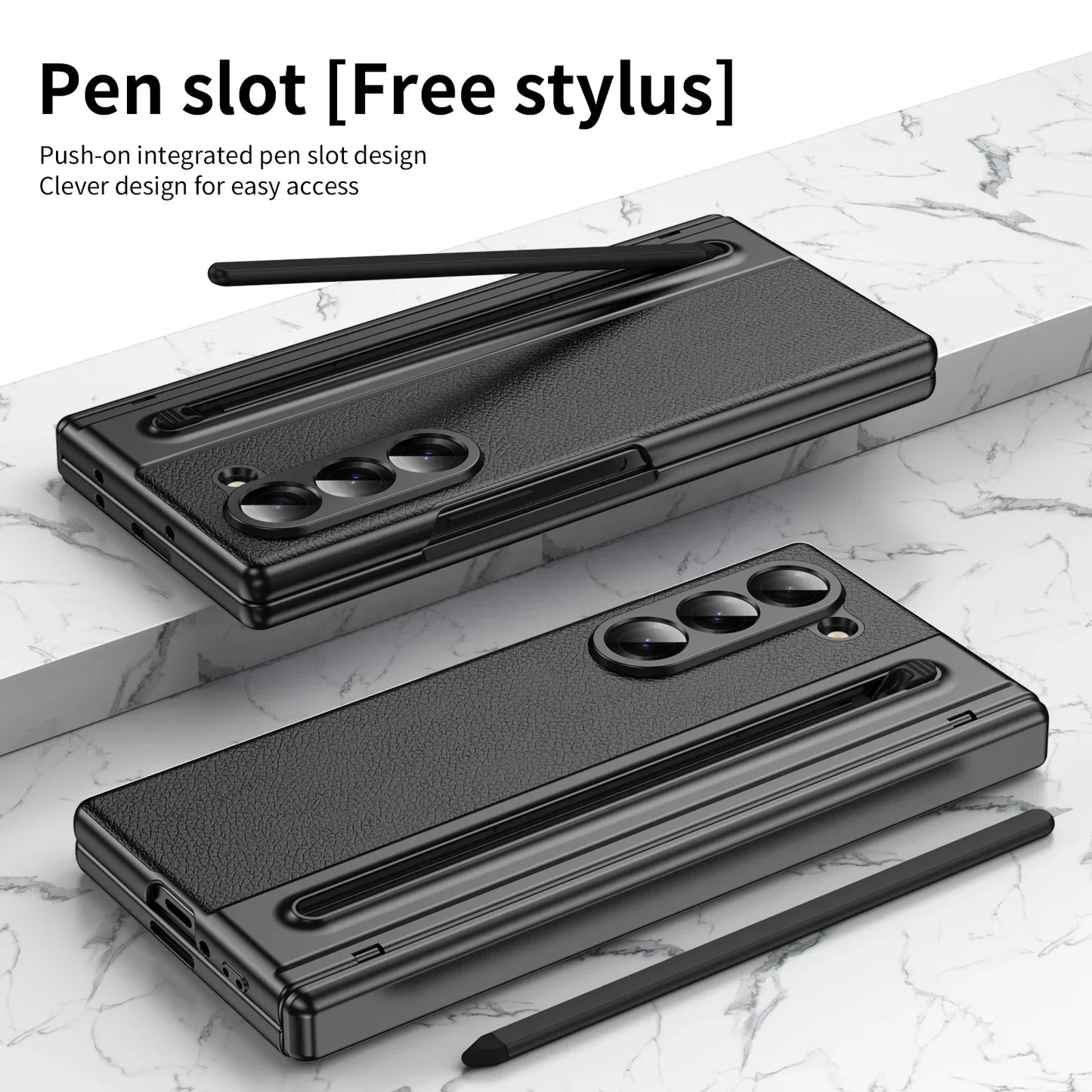 Leder mit Stahlfilm Stifthalter Handyhülle für Samsung Galaxy Z Fold 7 6 5 4 Fold7 Fold6 Scharnierschutz Stoßfeste Hülle