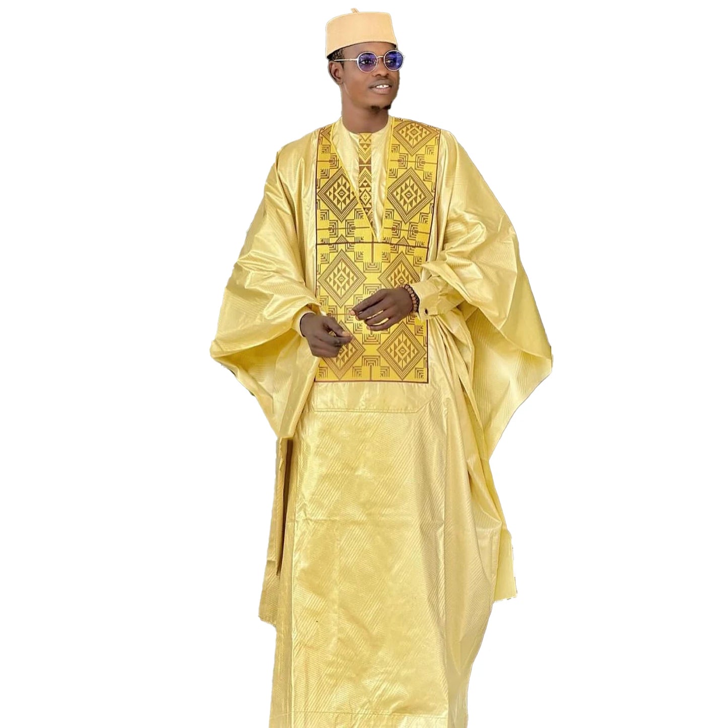 Vêtements Africains Homme Traditionnel Bazin Riche Broderie Haut Manches Longues Ensemble 3 Pièces