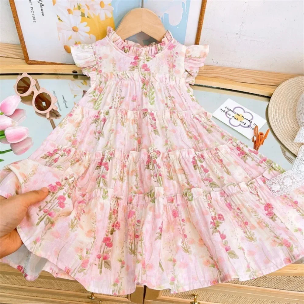 3-7 Years Old Summer New Princess Dress Pink Round Neck Sleeveless Lace Flower Print Girls' Casual Clothes Birthday Party Wear
