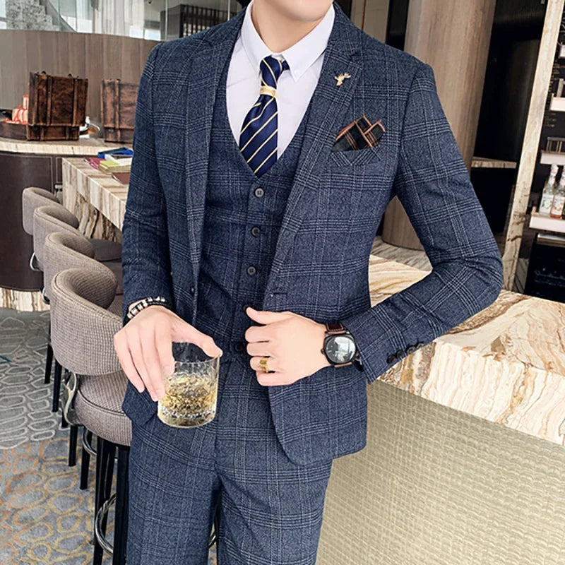 S-7XL (Jacke+Weste+Hose) Mode-Boutique Gitter Anzug Formeller Business Herren Anzug 3-teiliges Set Bräutigam Hochzeitskleid Karierter Anzug Showbühne