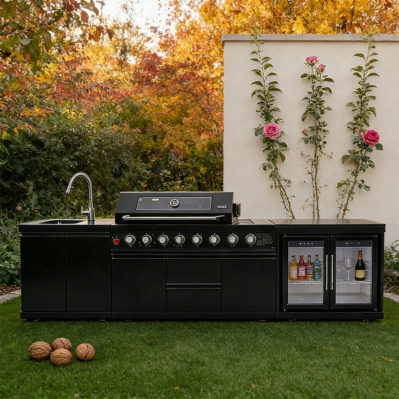 Cuisines d'extérieur modernes modulaires fonctionnelles en acier inoxydable avec grill, plaques de cuisson, évier, réfrigérateur et LED pour patio et jardin.