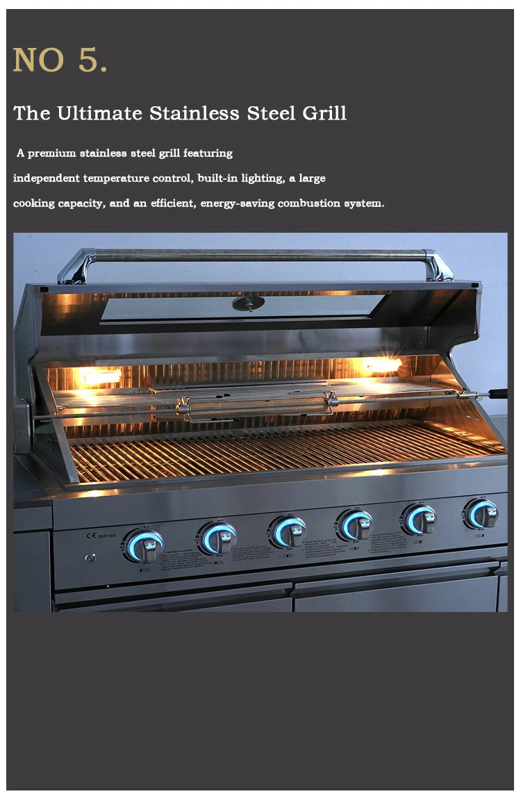 Cuisines d'extérieur modernes modulaires fonctionnelles en acier inoxydable avec grill, plaques de cuisson, évier, réfrigérateur et LED pour patio et jardin.