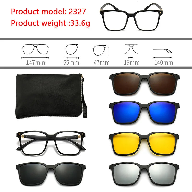 6 In 1 Polarized Sunglasses Men Women Magnetic Clip On Glasses TR90 Optical Prescription Eyeglass Frames Magnet Clips