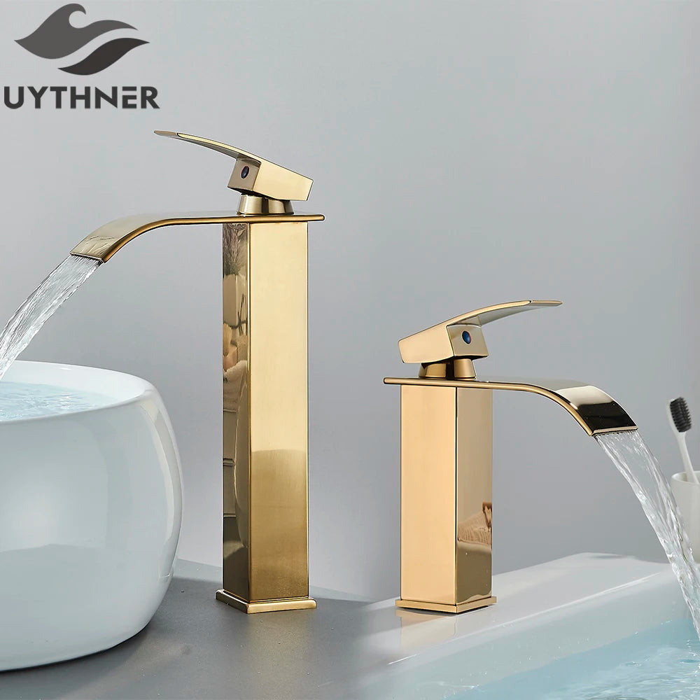 Robinet de Lavabo Doré Brossé, Élégant Robinet Cascade pour Salle de Bain, Mitigeur Monocommande en Laiton à Fixation sur Plan