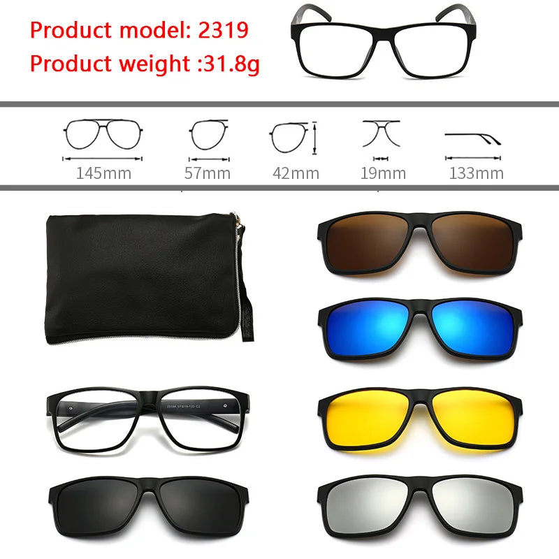 6 In 1 Polarized Sunglasses Men Women Magnetic Clip On Glasses TR90 Optical Prescription Eyeglass Frames Magnet Clips