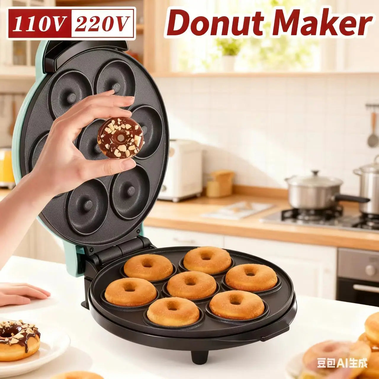 Machine à beignets 7 trous, Machine à gâteaux pour le petit-déjeuner, Norme européenne 220V, Mini machine à cuire norme américaine 110V