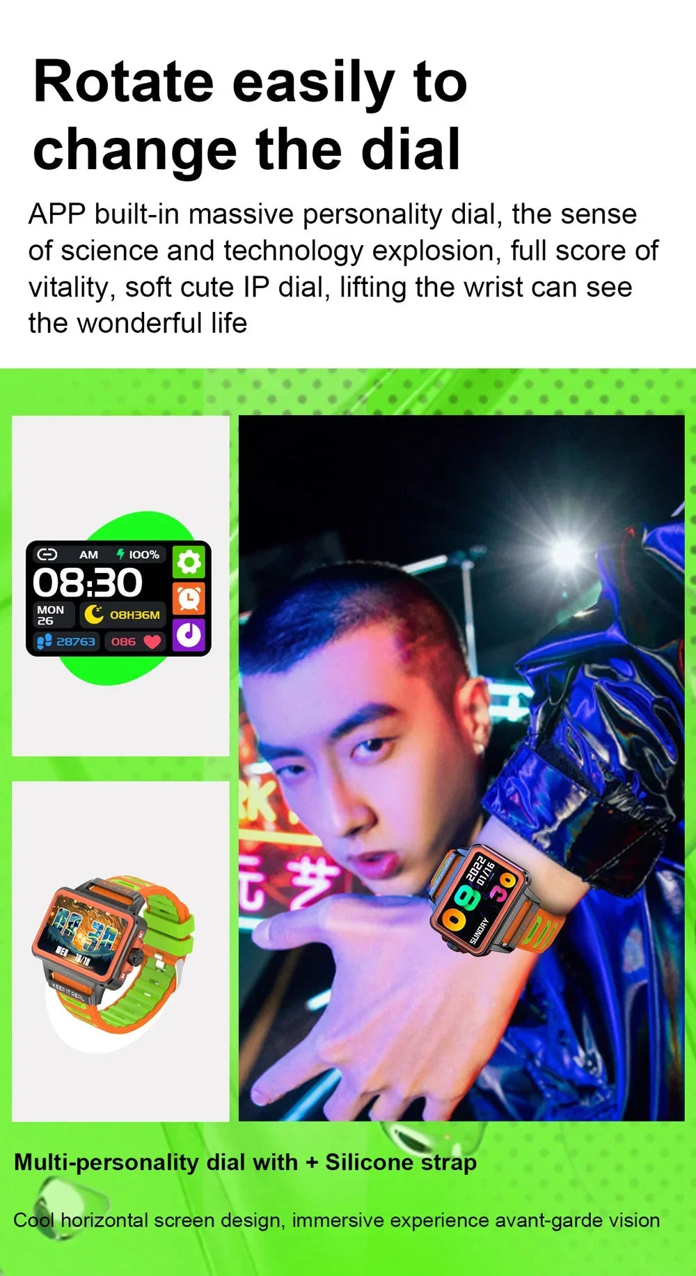 Hip-Hop-Fashion-Persönlichkeit Smartwatch 1,57 Zoll HD-Bildschirm 24h Kontinuierliche Herzfrequenz Schlafmonitor Spiel Wasserdichte Smartwatch