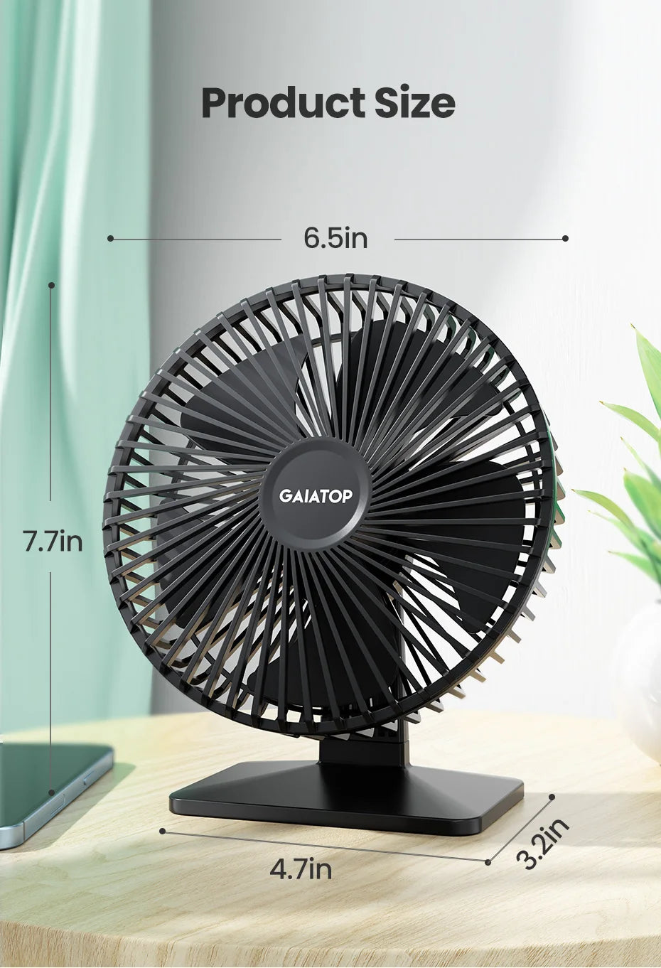 GAIATOP Schreibtischventilator Tragbarer USB Ventilator 90° Verstellbarer Kühlventilator Leise 3-Stufen-Einstellung Ultra Leise Geeignet für Zuhause, Schreibtisch, Büro