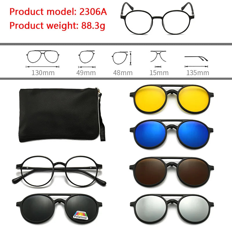 6 In 1 Polarized Sunglasses Men Women Magnetic Clip On Glasses TR90 Optical Prescription Eyeglass Frames Magnet Clips