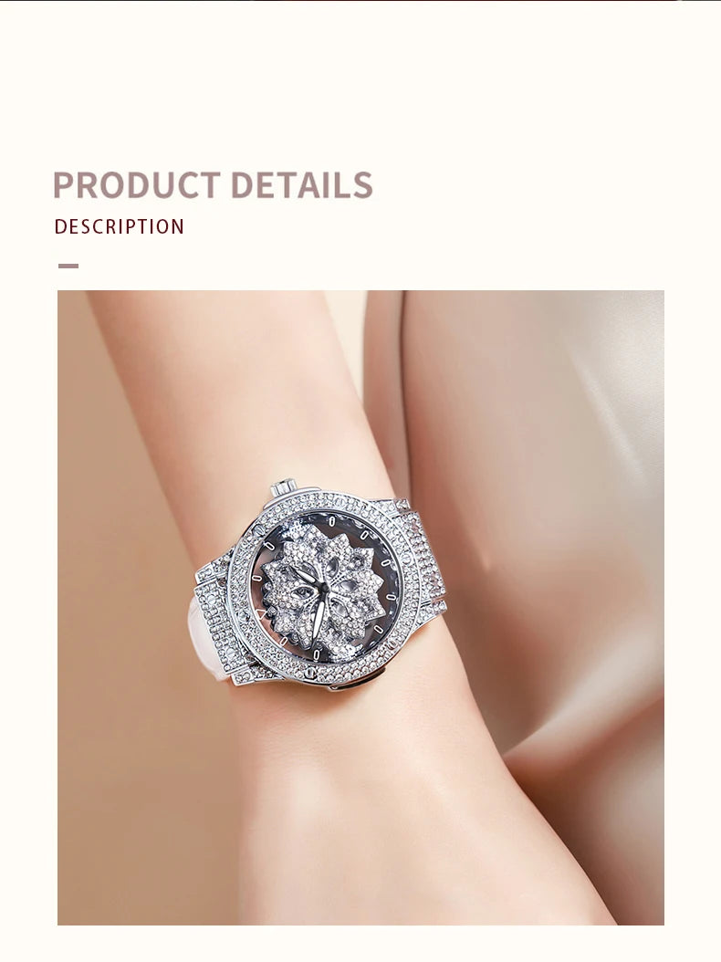 Beliebte Damenuhr mit modischem großem Zifferblatt, wasserdichte Pentagramm-Uhr für Mädchen, rotierende Hohluhr mit Schneeflocken für Damen