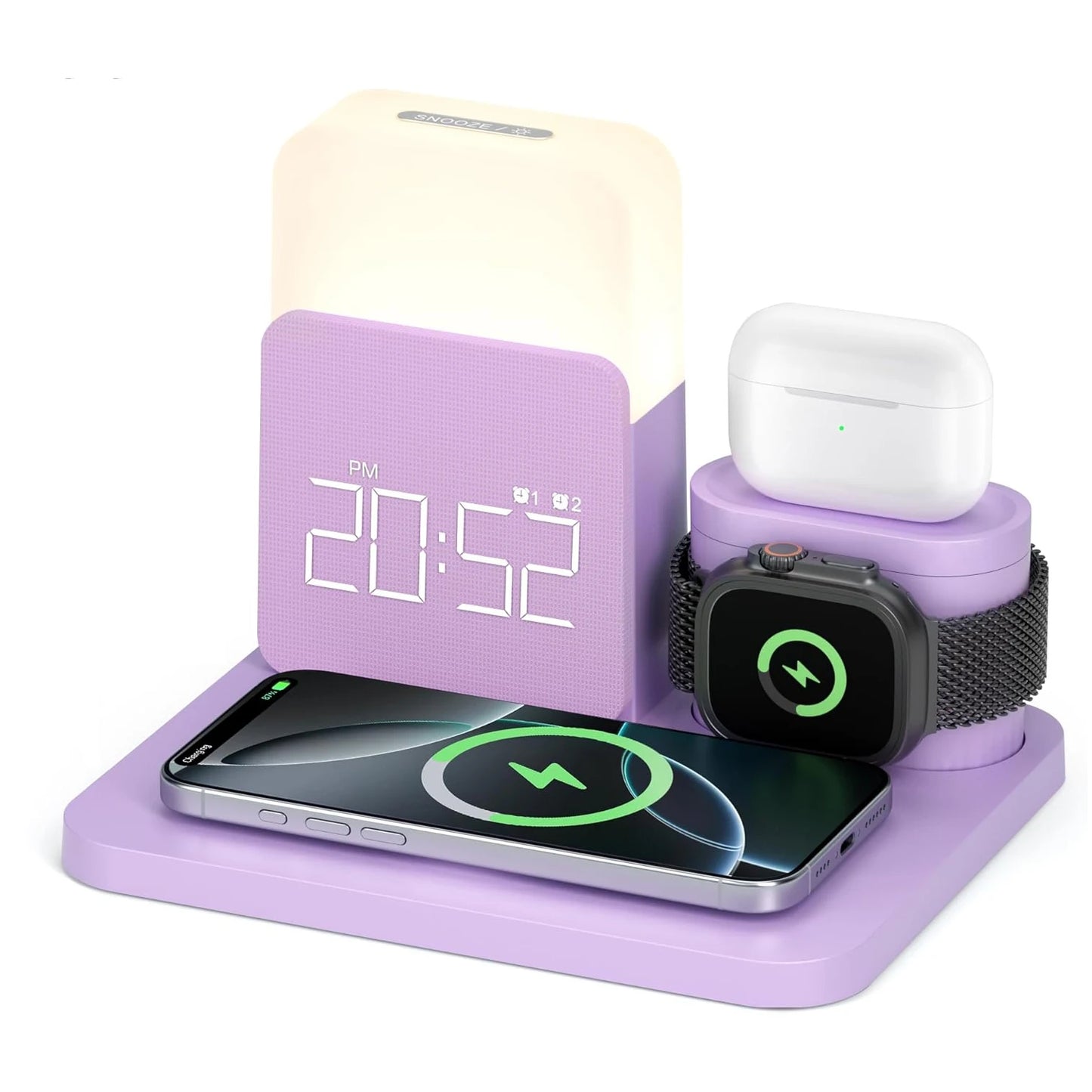 Chargeur réveil MagSafe 7-en-1 - Station sans fil pour iPhone 12-16/Samsung/Xiaomi/Huawei/Apple Watch/AirPods avec veilleuse