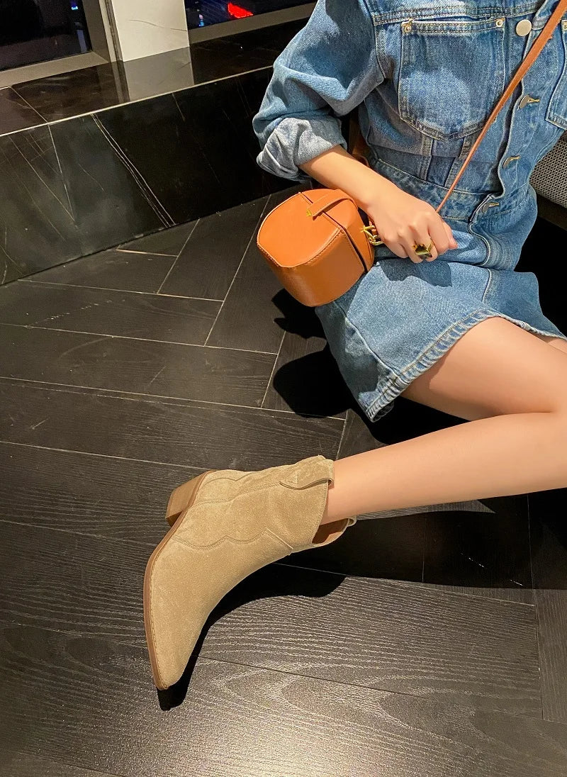 Bottes Chelsea pour femme en suède de vache à bout pointu et talon épais, bottines cousues, chaussures d'hiver, bottes western pour femme, printemps automne