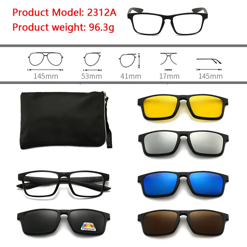 6 In 1 Polarized Sunglasses Men Women Magnetic Clip On Glasses TR90 Optical Prescription Eyeglass Frames Magnet Clips