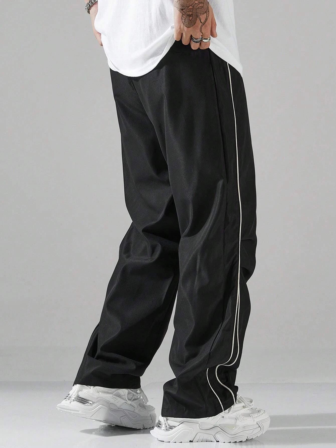 Larbulse Herren-Hosen mit Kontrastbesatz, modische Freizeithosen, einfarbig, atmungsaktiv, locker, gerades Bein, Kordelzug, Streetwear