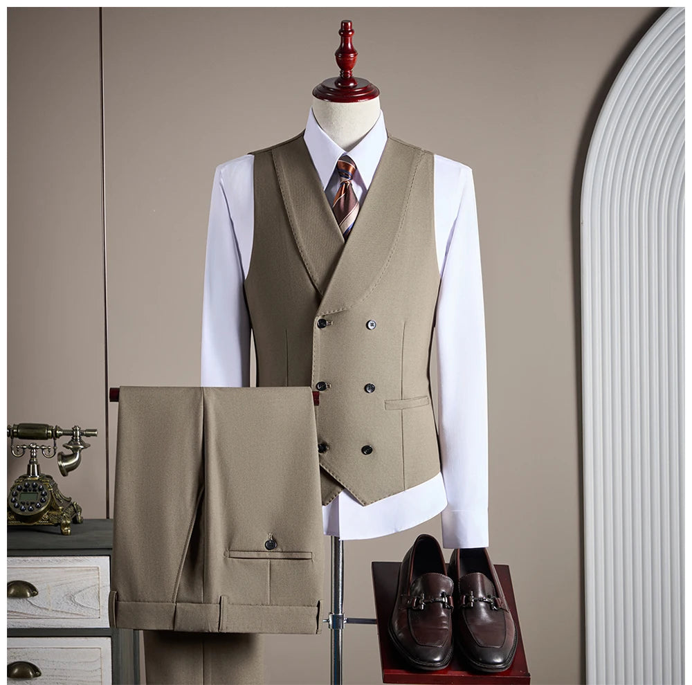 Ensemble de costume trois pièces en laine haut de gamme pour homme, élégant et décontracté, de couleur unie, idéal pour banquets et mariages.