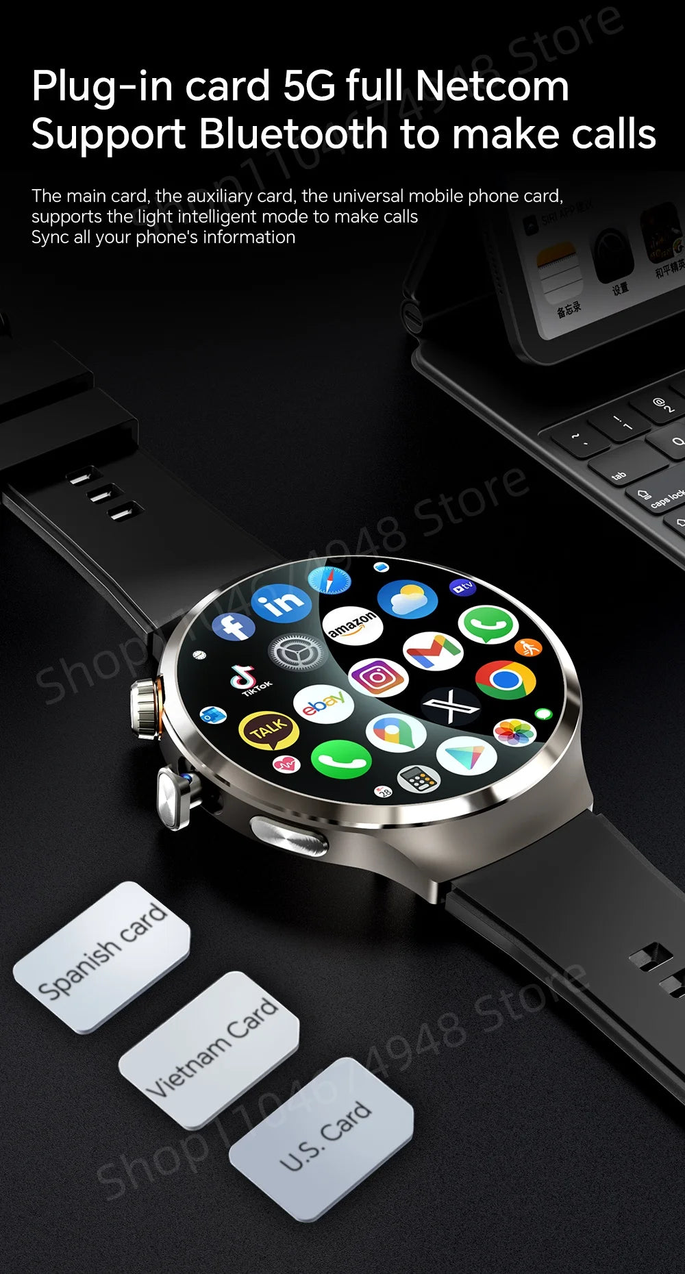 Montre intelligente 4G/5G Full Netcom 1,98 pouces Amoled avec caméra rotative à 210°, Android 13.0, double système GPS, batterie 1900 mAh