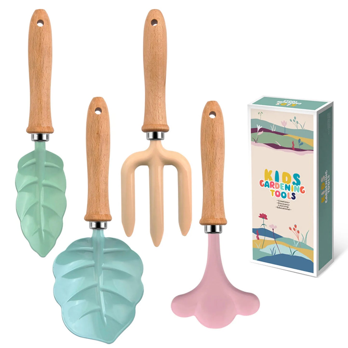 Petit kit d'outils de jardinier, coloré, sûr, avec manche en bois, pelle, râteau, fourche, ensemble de cadeaux de jardinage pour enfants et filles