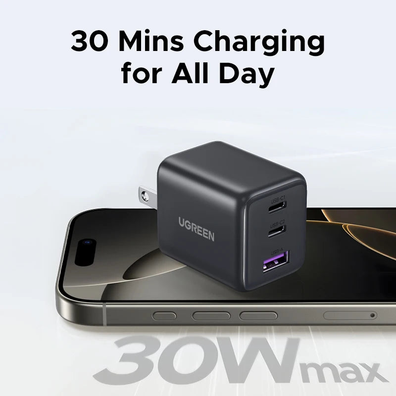 【US Plug】UGREEN 20W 30W GaN Charger Mini PD 3.0 USB C Phone Charger For iPhone 16 15 14 Pro Samsung S25 Xiaomi Tablet iPad Air
