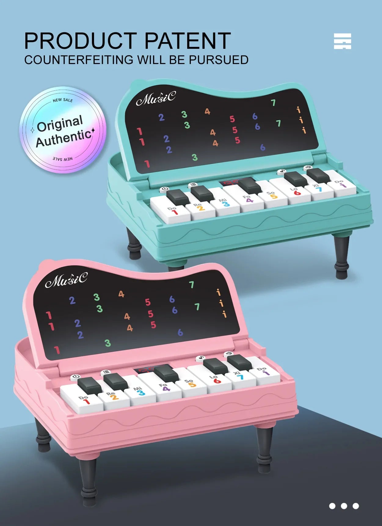 A handheld mini desktop piano with lights, music, electronic keyboard rhythm, and a game console for completing levels; a Montes