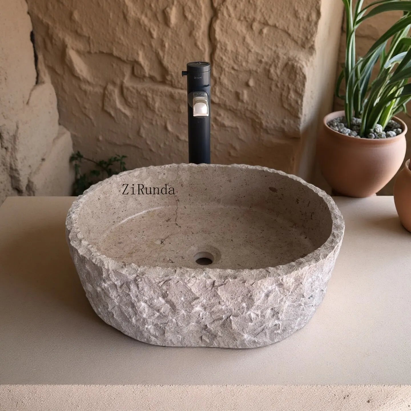 Light beige lime stone table wash basin oval outer wool surface wash basin natural stone custom sink