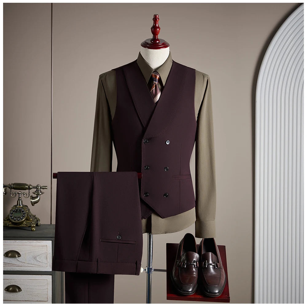 Ensemble de costume trois pièces en laine haut de gamme pour homme, élégant et décontracté, de couleur unie, idéal pour banquets et mariages.