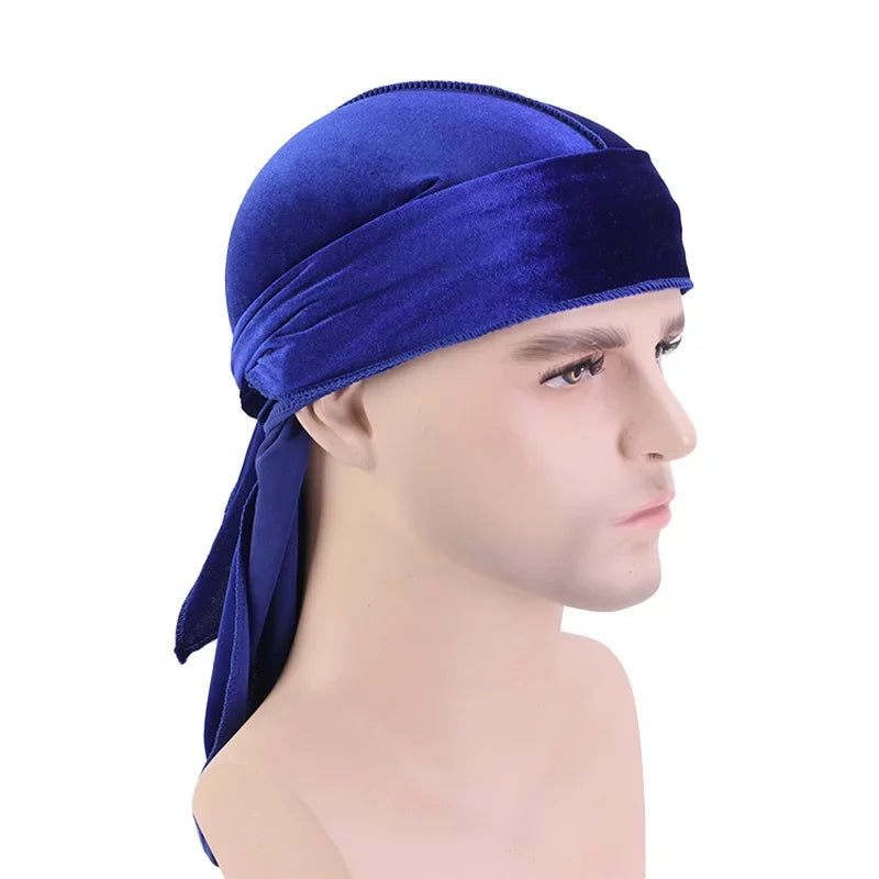 Neue Unisex Samt Durags Bandana Turban Hut Männer Frauen Atmungsaktive Lange Schwanz Piratenhüte Mütze Hip Hop Stirnband