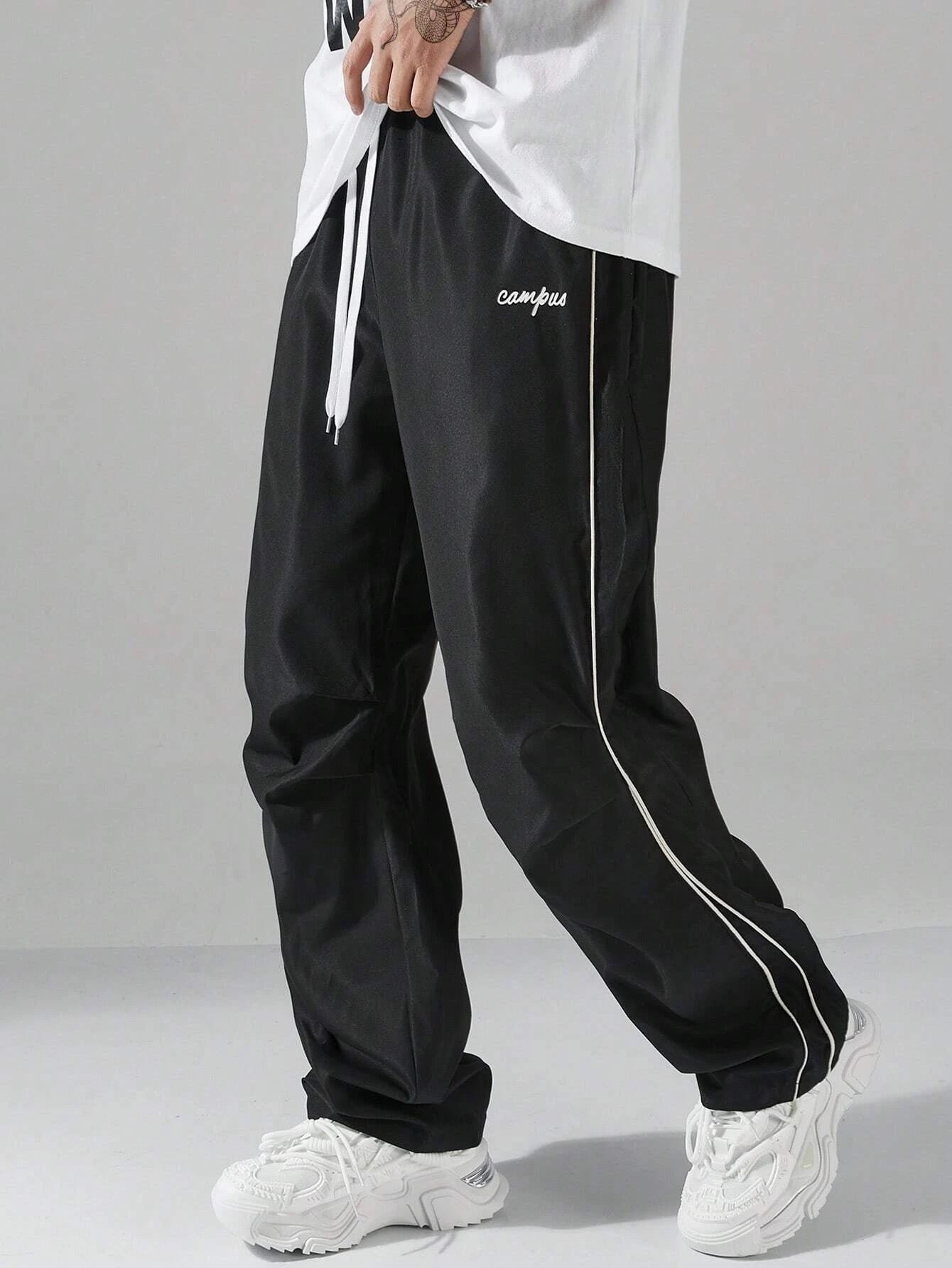 Larbulse Herren-Hosen mit Kontrastbesatz, modische Freizeithosen, einfarbig, atmungsaktiv, locker, gerades Bein, Kordelzug, Streetwear