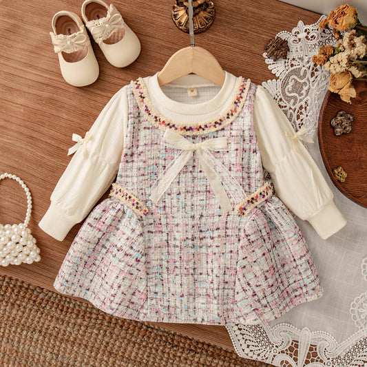 Frühling Und Herbst Neu Schleife Langarm Baby Mädchen Kleid, Prinzessin Stil Kinderkleidung Für Babys Im Alter Von 9 Monaten Bis 3 Jahren