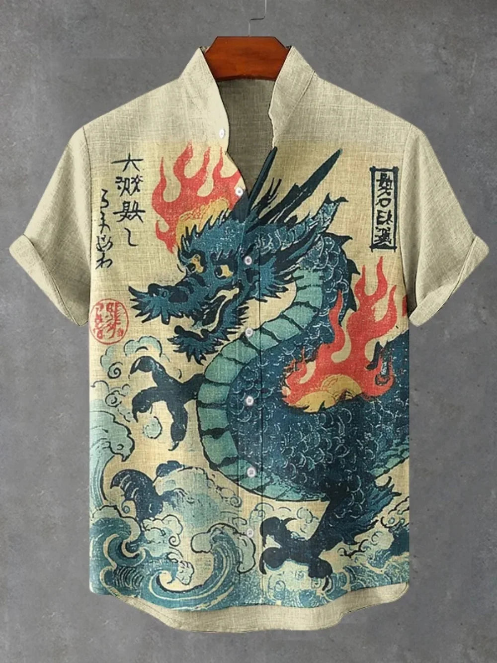 Chemise d'été à manches courtes pour homme, style streetwear, associée à un cardigan en lin imprimé en 3D, col montant tendance et haut respirant