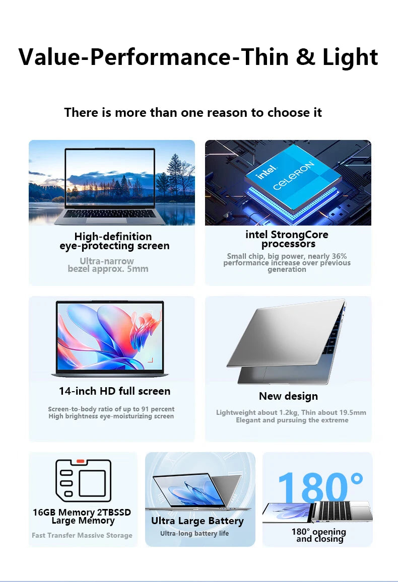 LENO 14.1"Laptop 16GB RAM 2TB SSD Windows 11 Intel N3700 Ultra Slim Notebook Gamer 1920*1080  Display Office Study Computer PC