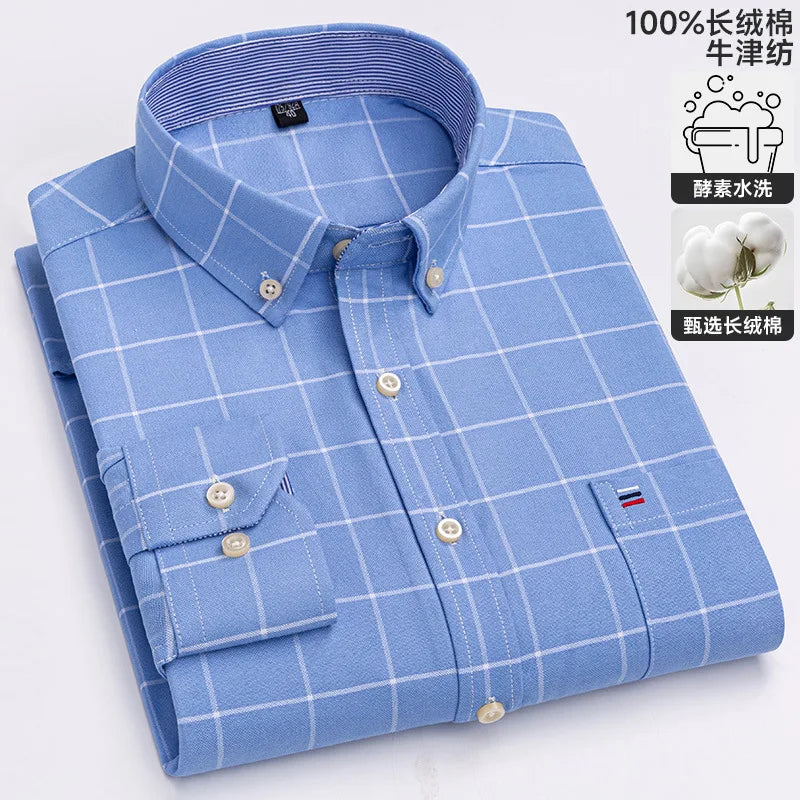 100-220 catties Plus Size Men's Shirt 100% Cotton Long Sleeve Business Casual All Oxford Spinning Plus Size Plaid Shirt