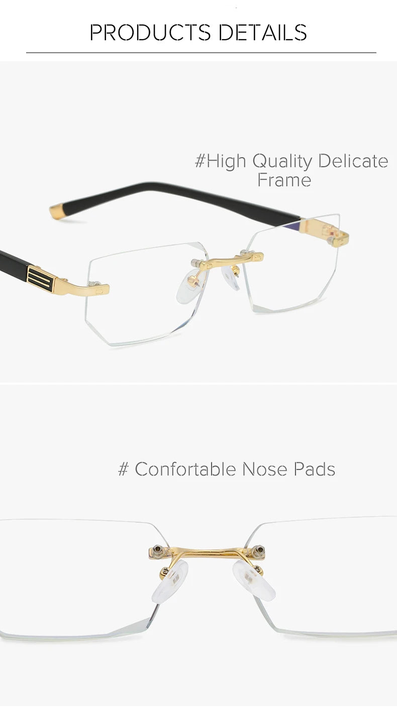 Lunettes de lecture anti-lumière bleue pour femmes, monture sans bords à découpe diamantée, pour hommes, anti-fatigue, hypermétropie, presbytie +1,5