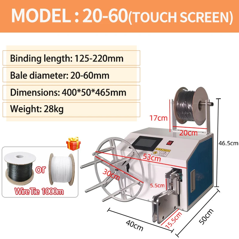 Machine d'enroulement et de ligature de fils automatique 2 en 1, machine à botteler 3-60 mm avec attache-fil, enrouleur de câbles professionnel à écran tactile