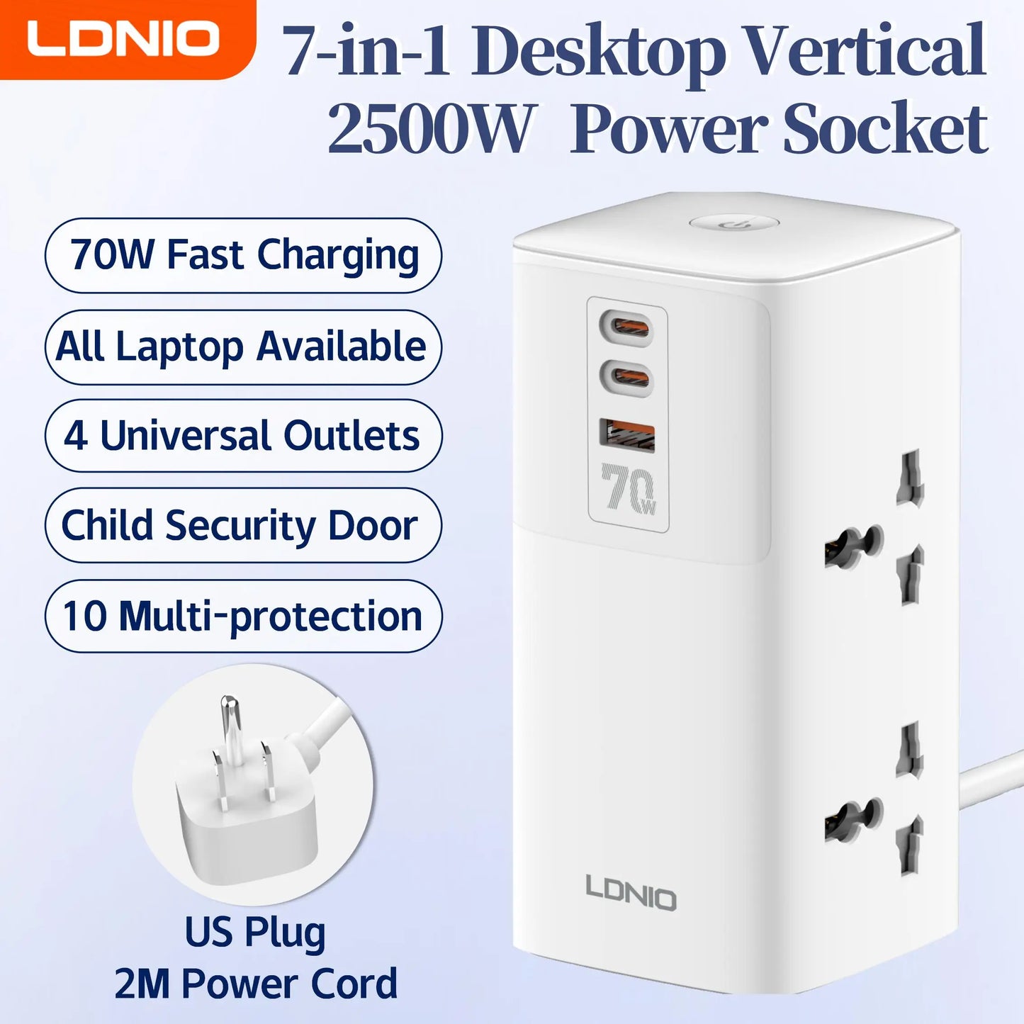 LDNIO 45W Vertikale Turm-Steckdosenleiste Mehrfach Universalsteckdosen Verlängerungskabel QC PD USB C Schnellladegerät Bildschirm UK EU US Stecker