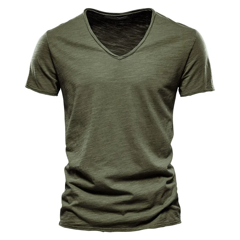 AIOPESON 5 PCS SET 100% COTTON V-neck T-shirts Men Casual Slim Fit Solid Color Summer T Shirt for Men Brand New Quality
