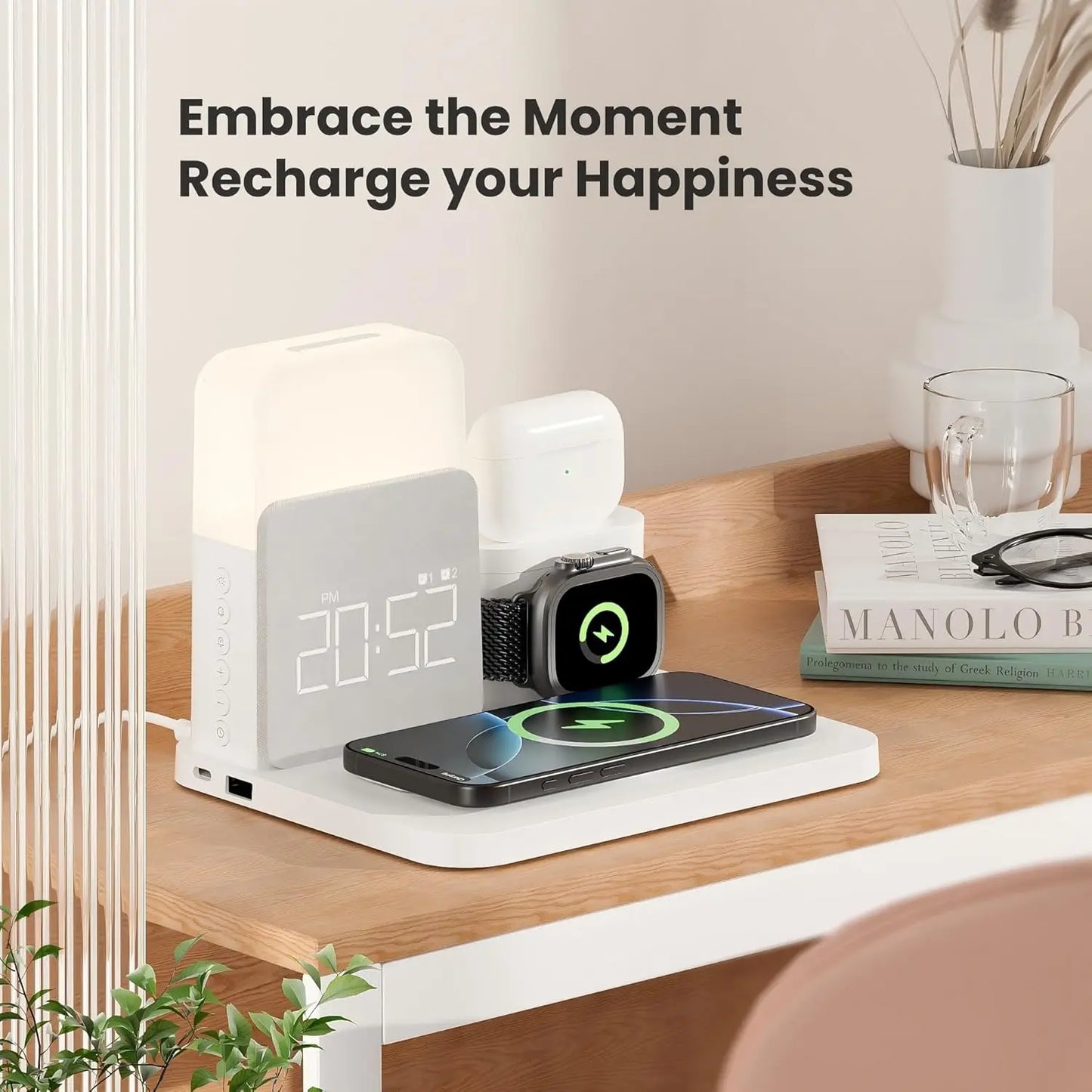 Chargeur réveil MagSafe 7-en-1 - Station sans fil pour iPhone 12-16/Samsung/Xiaomi/Huawei/Apple Watch/AirPods avec veilleuse
