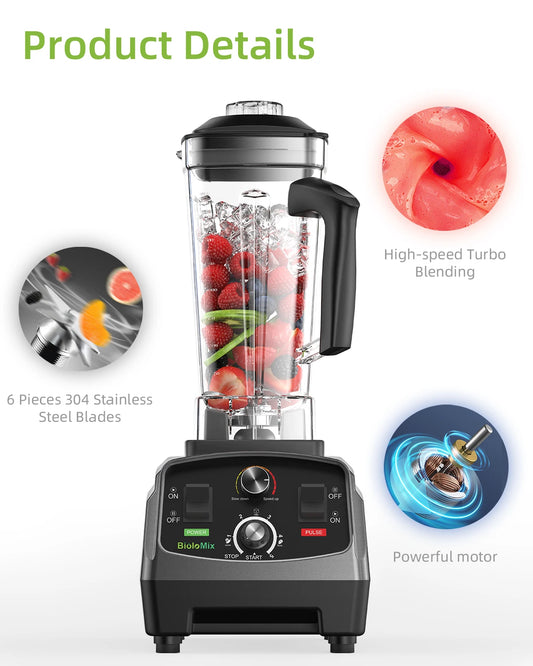 BioloMix 3HP 2200W Blender mixeur robuste avec minuterie, centrifugeuse, robot culinaire, pour fruits, aliments, glaçons, smoothies, sans BPA, pichet 2L