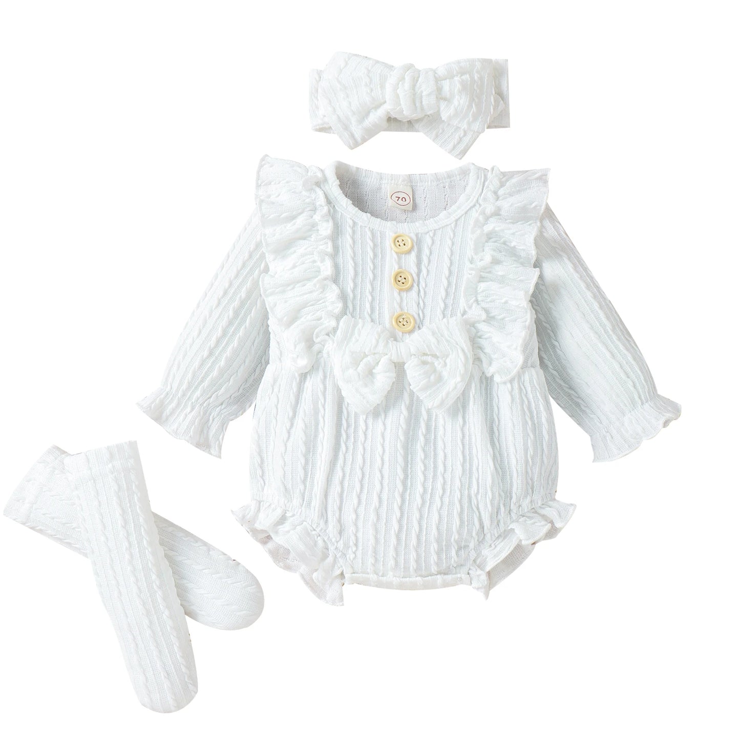Ensemble 3 pièces printemps automne pour bébés filles, barboteuse à manches longues boutonnée avec volants + chaussettes + bandeau