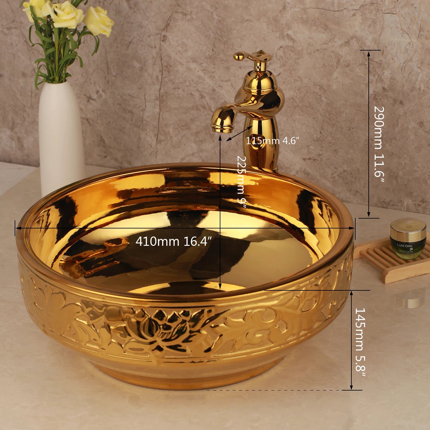 KEMAIDI Keramik-Waschtisch Gold mit Wasserhahn Porzellan-Waschbecken Aufsatzwaschbecken Luxus-Waschbecken für Badezimmer
