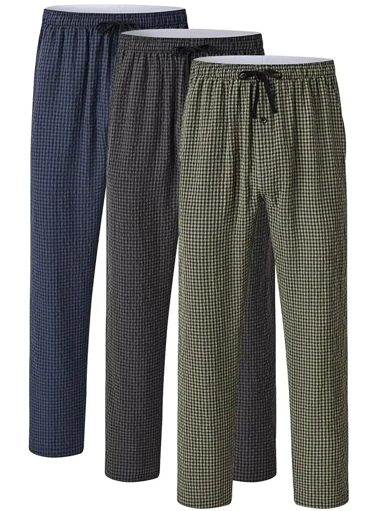 Pyjama Homme 3 Pièces Coton Carreaux, Pantalon de Pyjama Long Carreaux avec Taille Élastique pour Homme