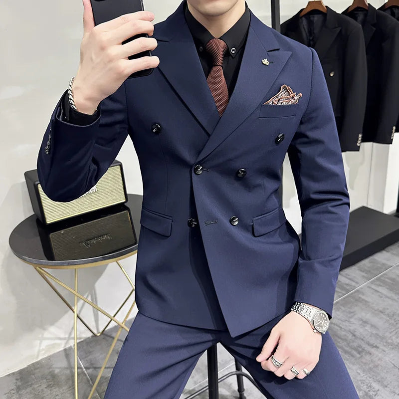 S-7XL (Jacke+Weste+Hose) Mode-Boutique Gitter Anzug Formeller Business Herren Anzug 3-teiliges Set Bräutigam Hochzeitskleid Karierter Anzug Showbühne